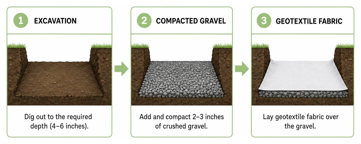Sub-base preparation diagram showing excavation, compacted gravel, and geotextile fabric layers Sub-base preparation diagram showing excavation, compacted gravel, and geotextile fabric layers