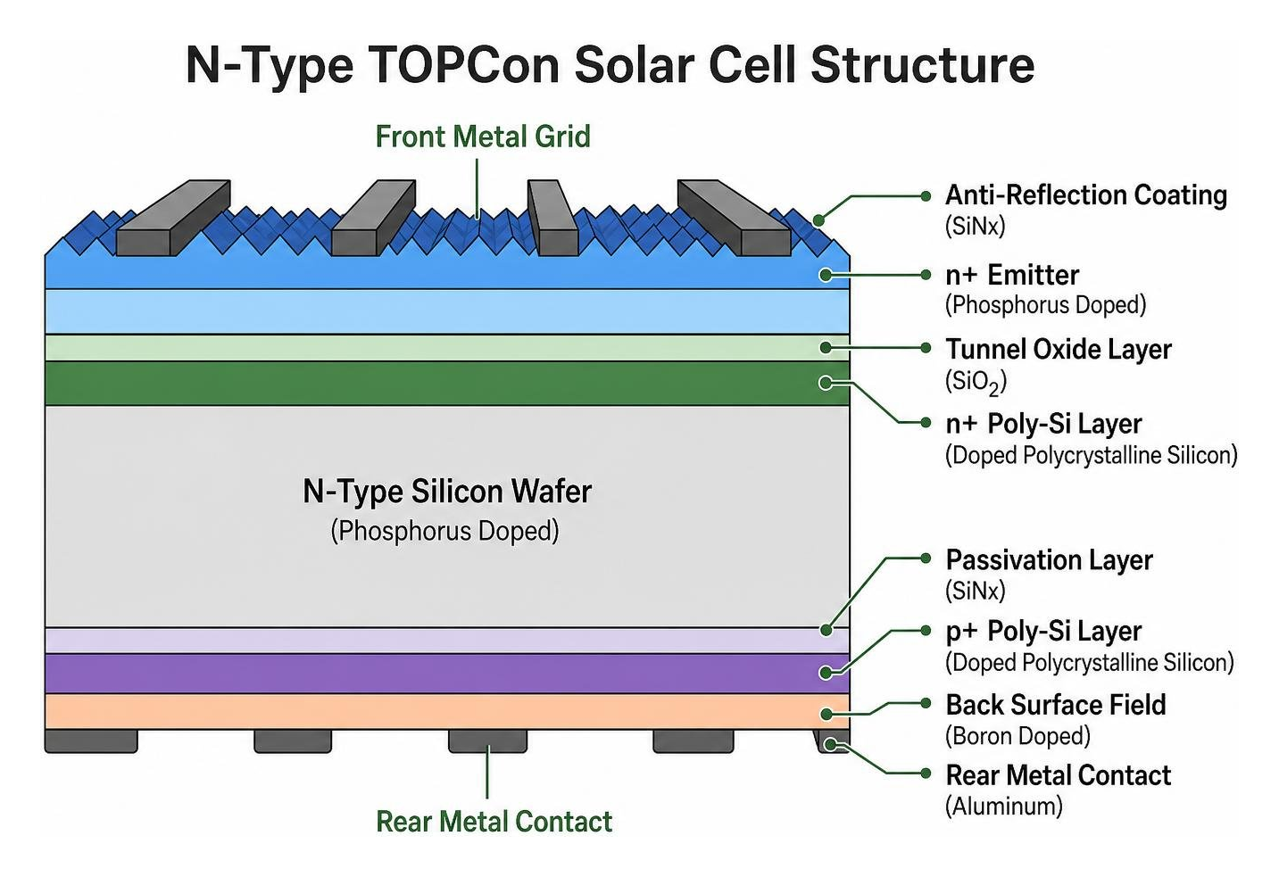 N-Type TOPCon solar cell structure diagram N-Type TOPCon solar cell structure diagram