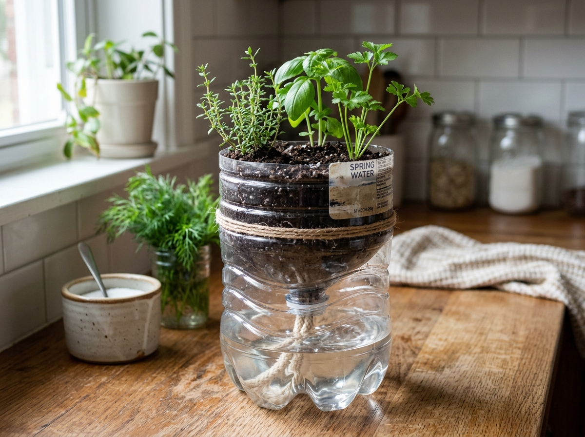 DIY recycled bottle herb planter showing the top half inverted into the bottom reservoir - self watering herbs