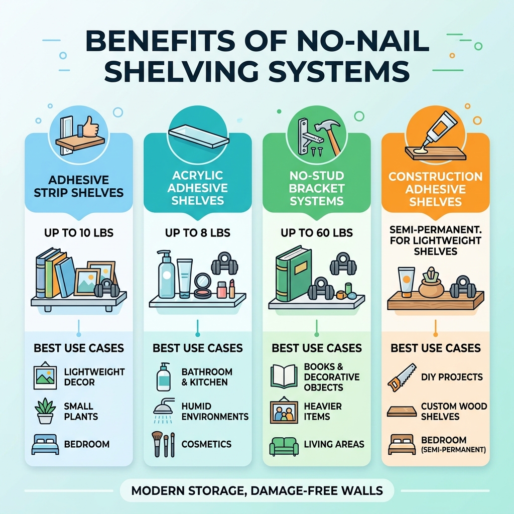 Benefits of no-nail shelving systems infographic showing types, weight limits, and best use cases - no nail wall shelves