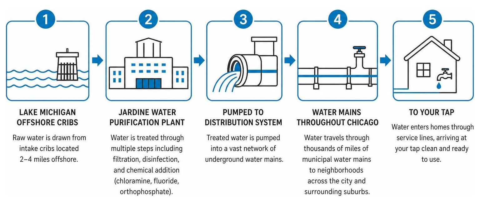 The journey of water from Lake Michigan offshore cribs through the Jardine Plant to Chicago residential taps