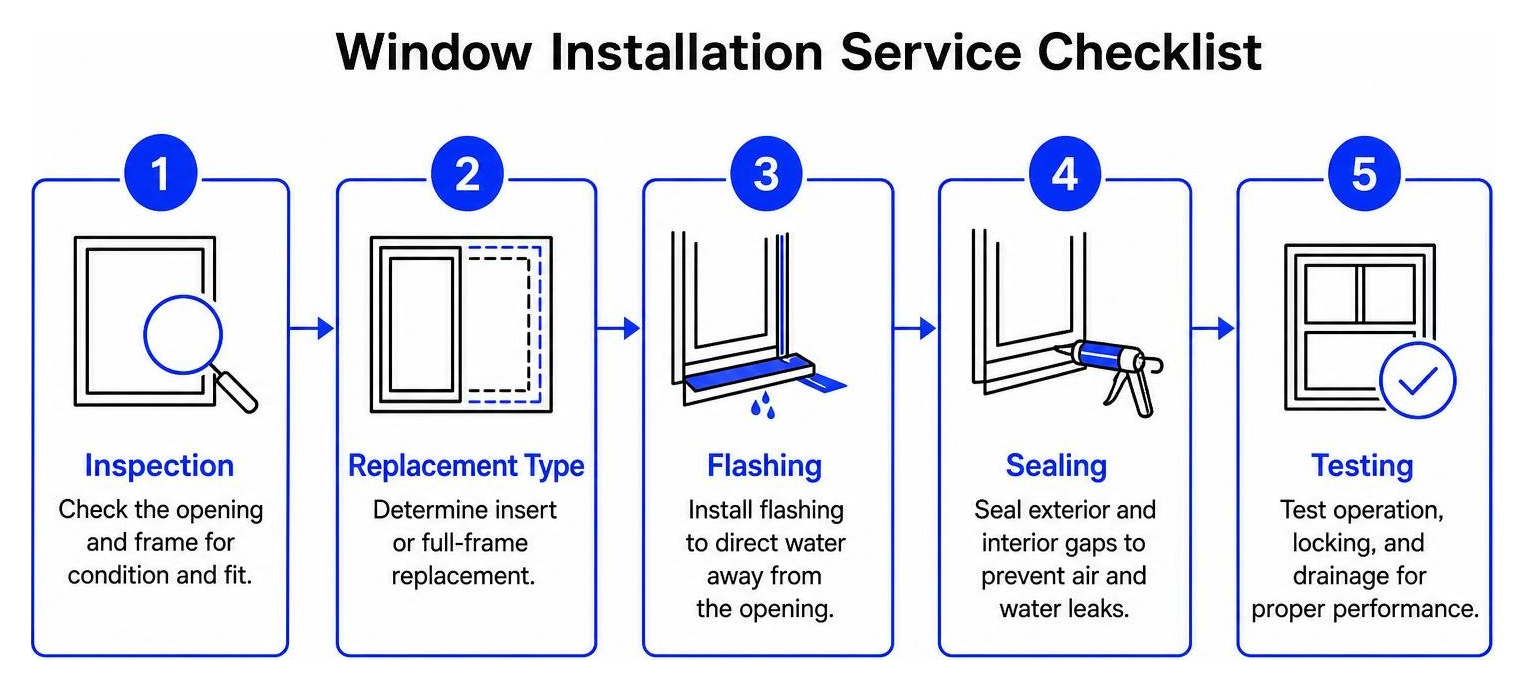 Window installation service checklist: inspection, replacement type, flashing, sealing, and testing Window installation service checklist: inspection, replacement type, flashing, sealing, and testing