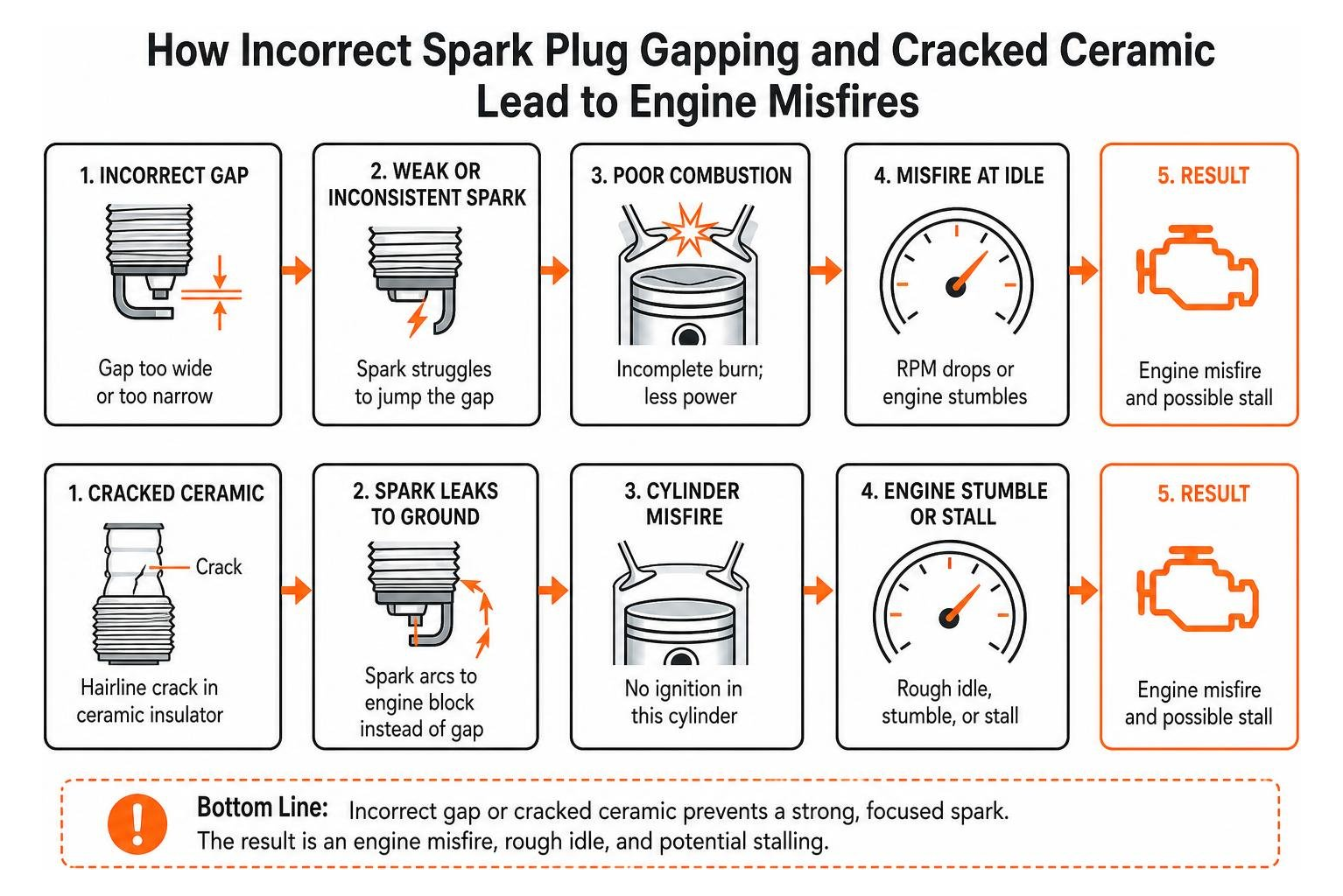 How incorrect spark plug gapping and cracked ceramic lead to engine misfires