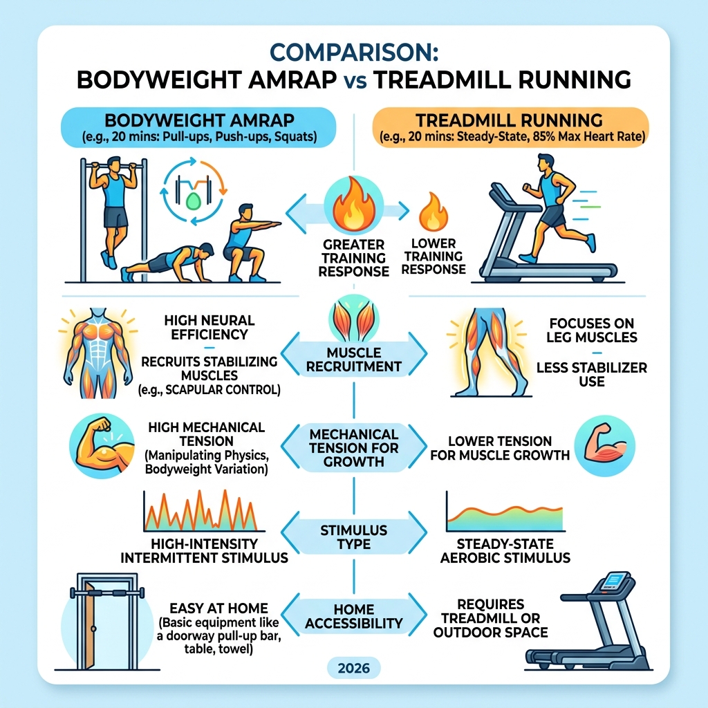 Comparison of bodyweight AMRAP stimulus vs treadmill running - advanced bodyweight pullups home infographic Comparison of bodyweight AMRAP stimulus vs treadmill running - advanced bodyweight pullups home infographic