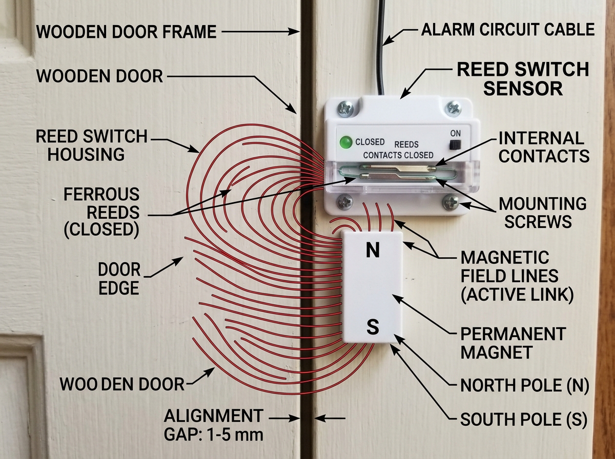Diagram showing sensor and magnet alignment on a closed door - door alarm sensor Diagram showing sensor and magnet alignment on a closed door - door alarm sensor