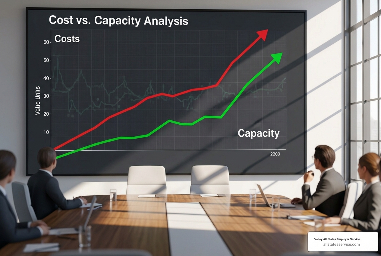 Graph showing a downward trend in administrative costs and an upward trend in hiring capacity after implementing batch processing - e-verify batch processing