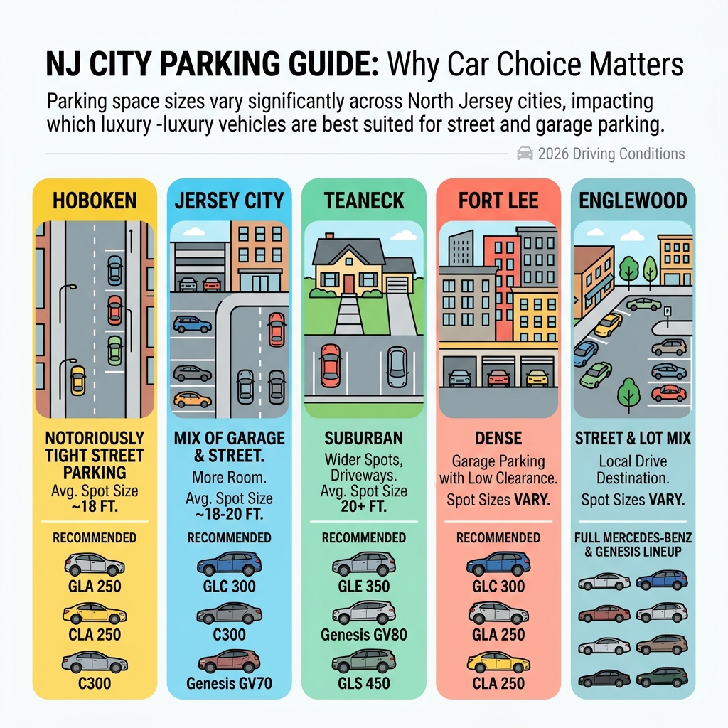 Infographic comparing NJ city parking spot dimensions and best-fit Mercedes and Genesis models by location -  parking in