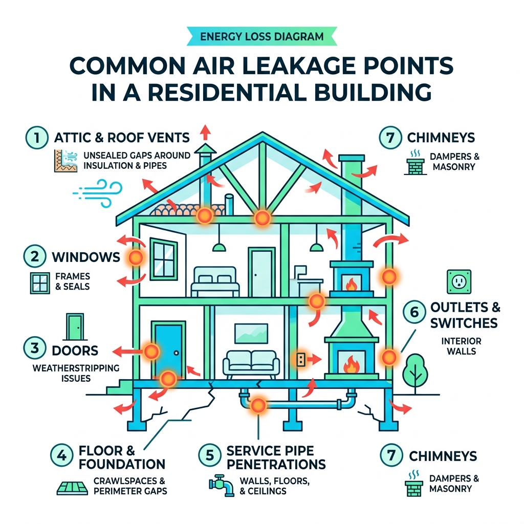 common air leakage points in a residential building diagram - draft proofing services infographic common air leakage points in a residential building diagram - draft proofing services infographic