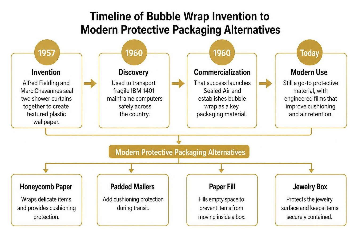 Timeline of bubble wrap invention to modern protective packaging alternatives Timeline of bubble wrap invention to modern protective packaging alternatives