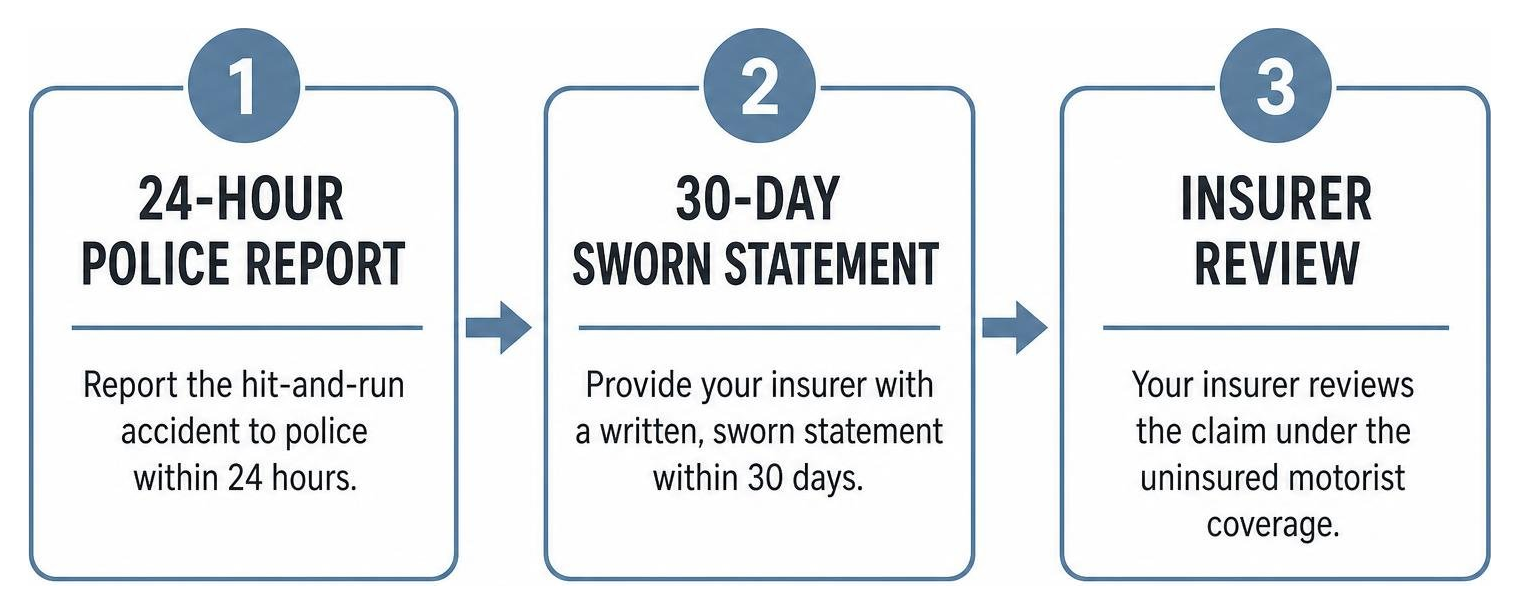 Hit-and-run claim workflow: 24-hour police report, 30-day sworn statement, insurer review