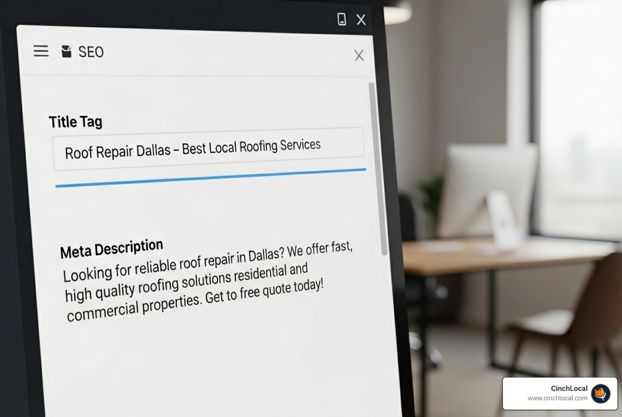 webpage editor highlighting the title tag and meta description for a 