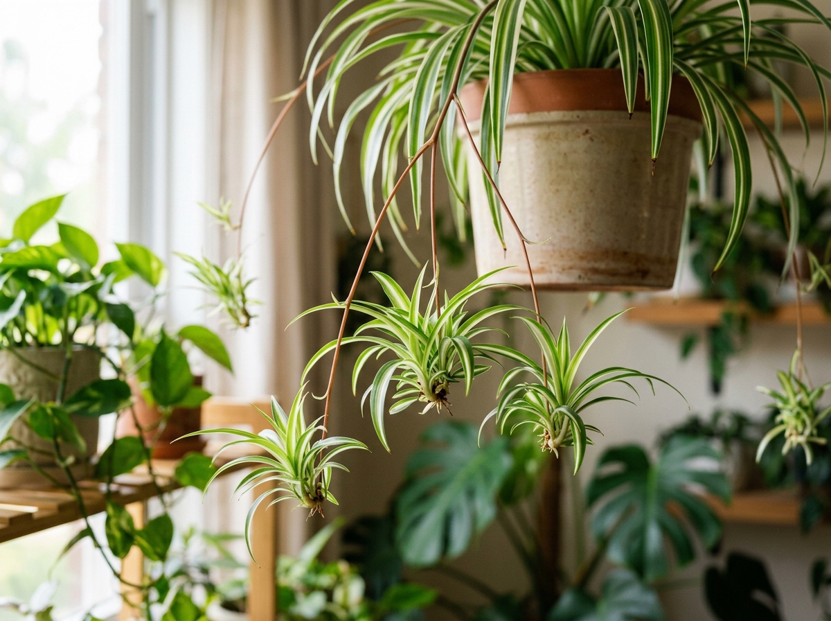 spider plant pups hanging from stems - benefits of spider plants spider plant pups hanging from stems - benefits of spider plants