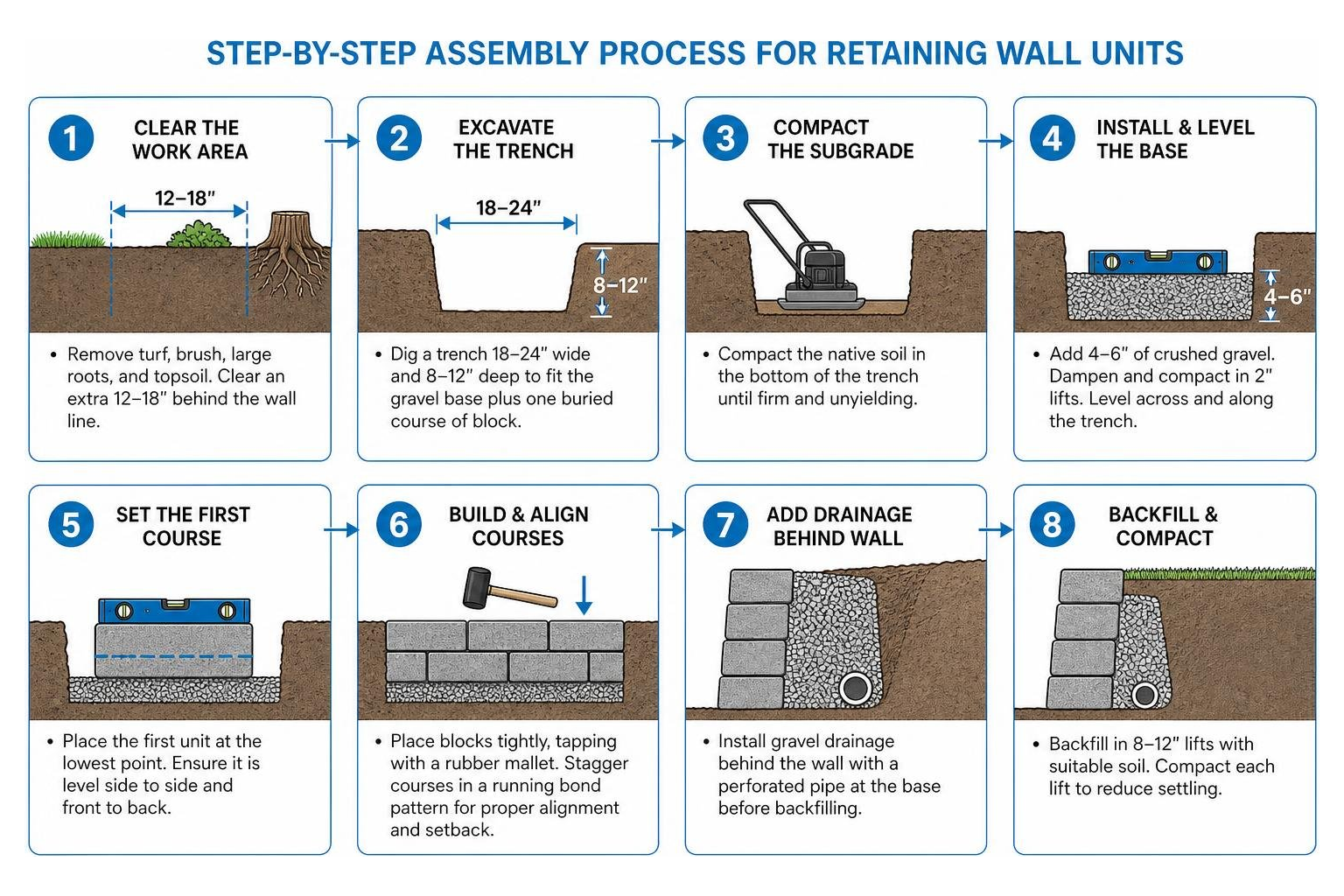 Step-by-step assembly process for retaining wall units Step-by-step assembly process for retaining wall units
