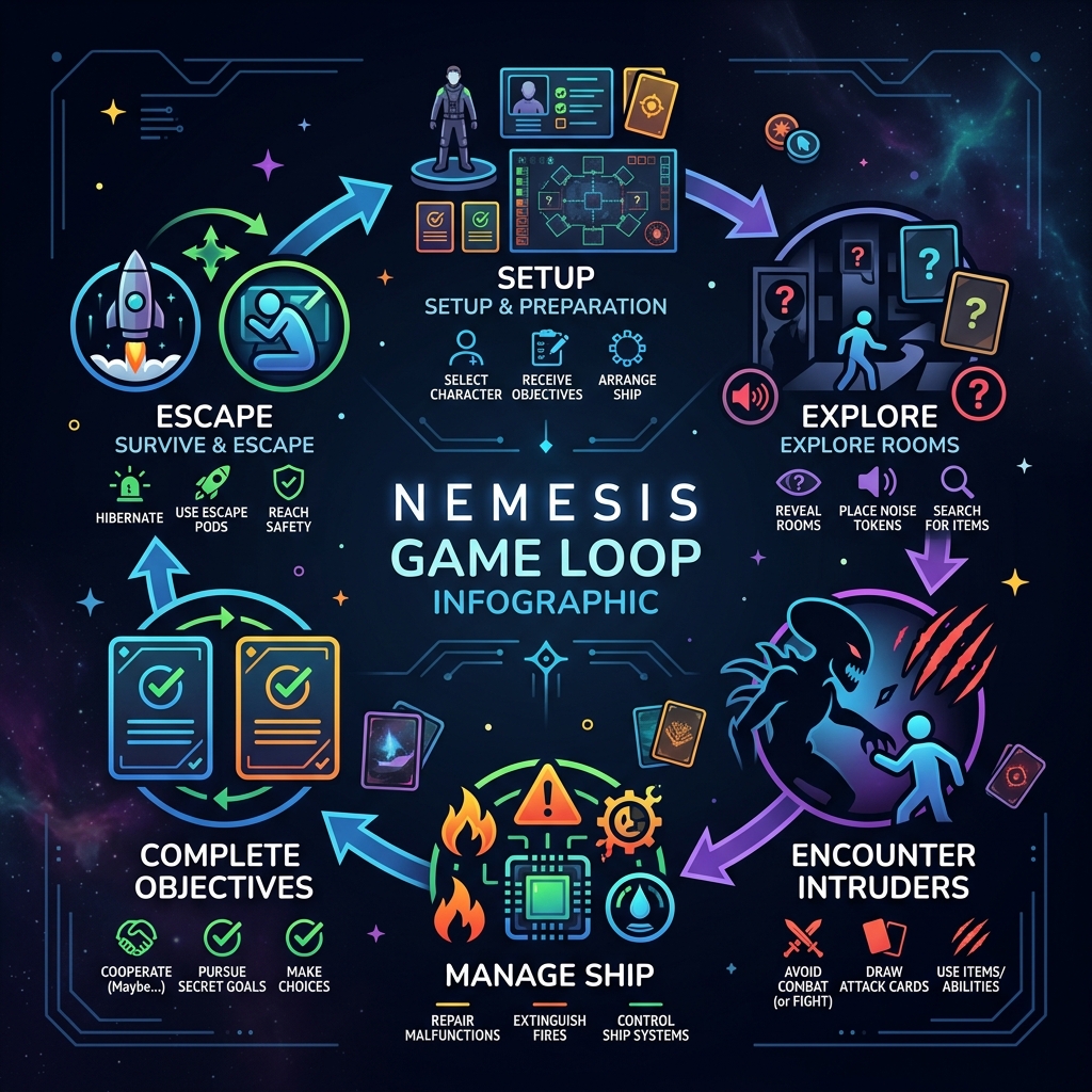 Nemesis board game loop infographic: setup, explore, encounter intruders, manage ship, complete objectives, escape - nemesis Nemesis board game loop infographic: setup, explore, encounter intruders, manage ship, complete objectives, escape - nemesis