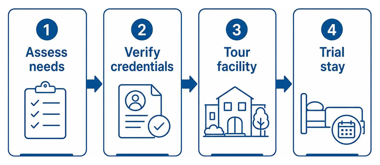 Step-by-step process for choosing a respite provider: Assess needs, Verify credentials, Tour facility, Trial stay Step-by-step process for choosing a respite provider: Assess needs, Verify credentials, Tour facility, Trial stay