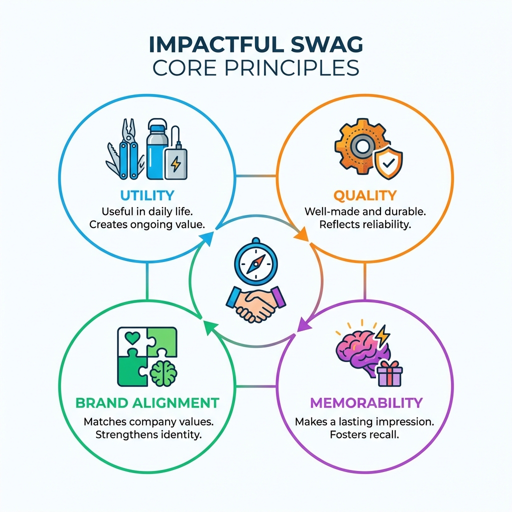 Infographic explaining the core principles of impactful swag: Utility, Quality, Brand Alignment, and Memorability. - New employee gifts infographic