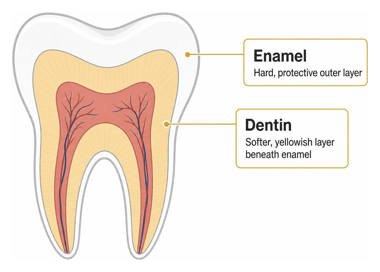 Diagram of tooth anatomy showing enamel and dentin layers