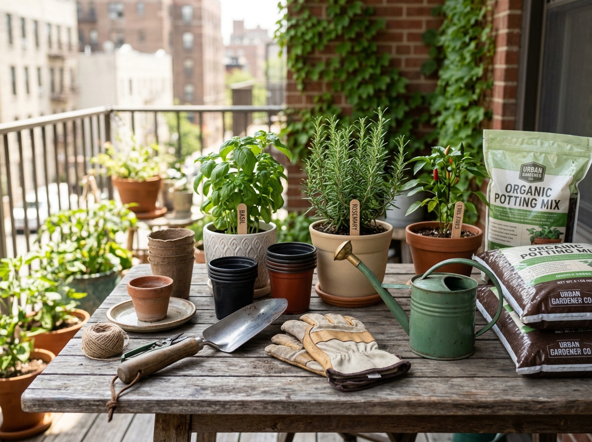 basic gardening tools, potting soil, and containers - easy apartment vegetable garden