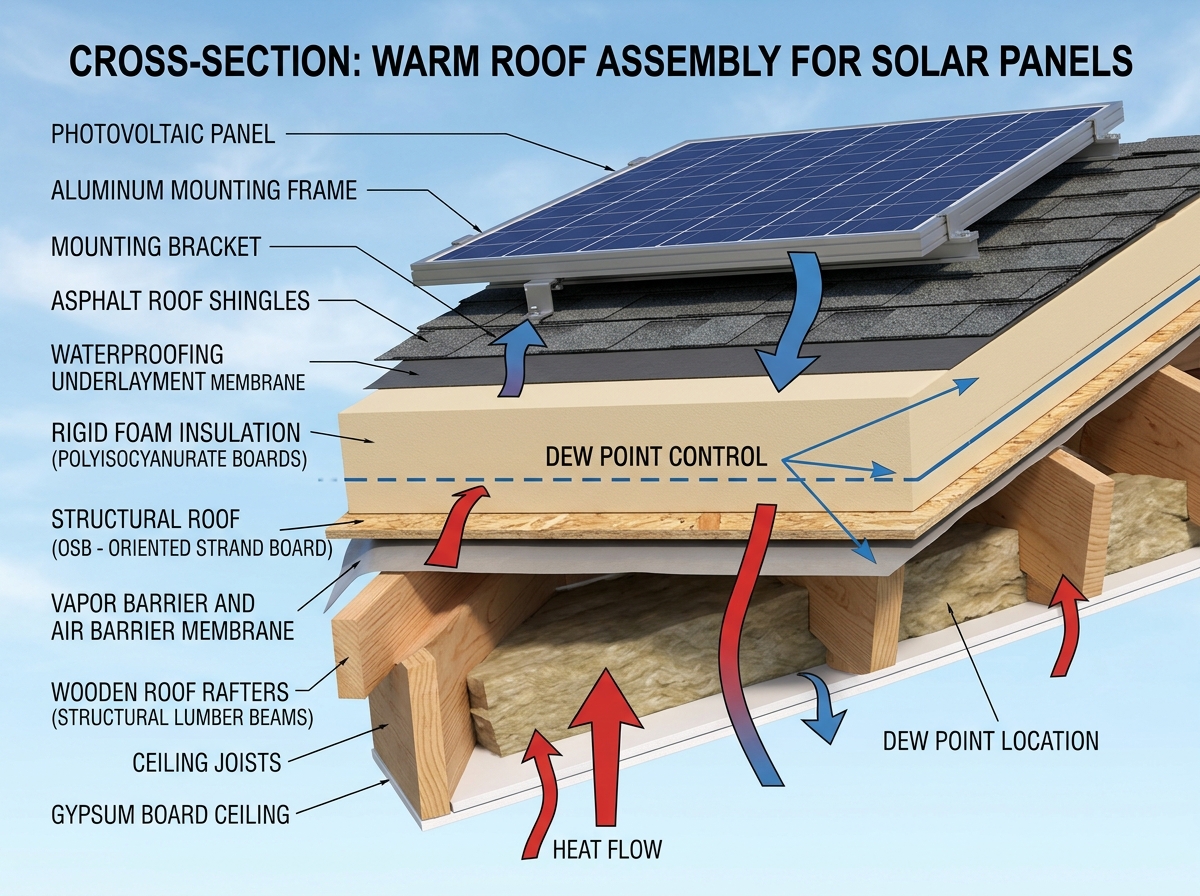 Diagram of a "warm roof" assembly showing layers of rigid foam, sheathing, and solar mounting brackets - best insulation for