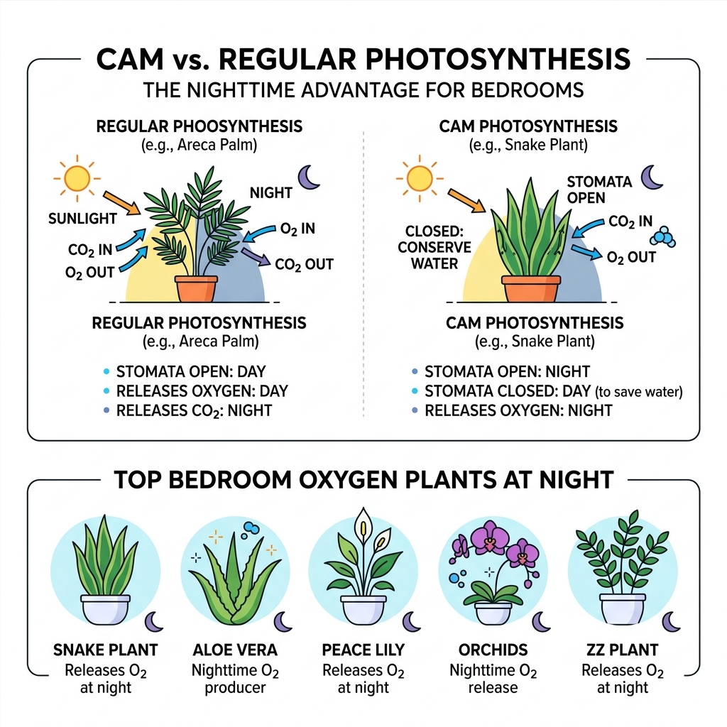 Infographic showing CAM vs regular photosynthesis and top bedroom oxygen plants at night - oxygen plants for bedroom Infographic showing CAM vs regular photosynthesis and top bedroom oxygen plants at night - oxygen plants for bedroom