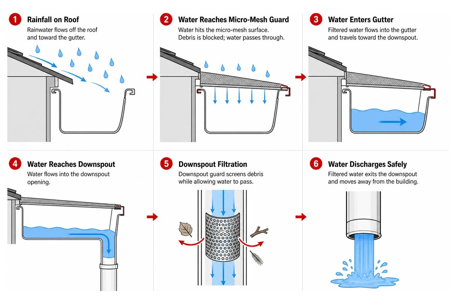 diagram showing the step-by-step process of commercial water flow through micro-mesh and downspouts