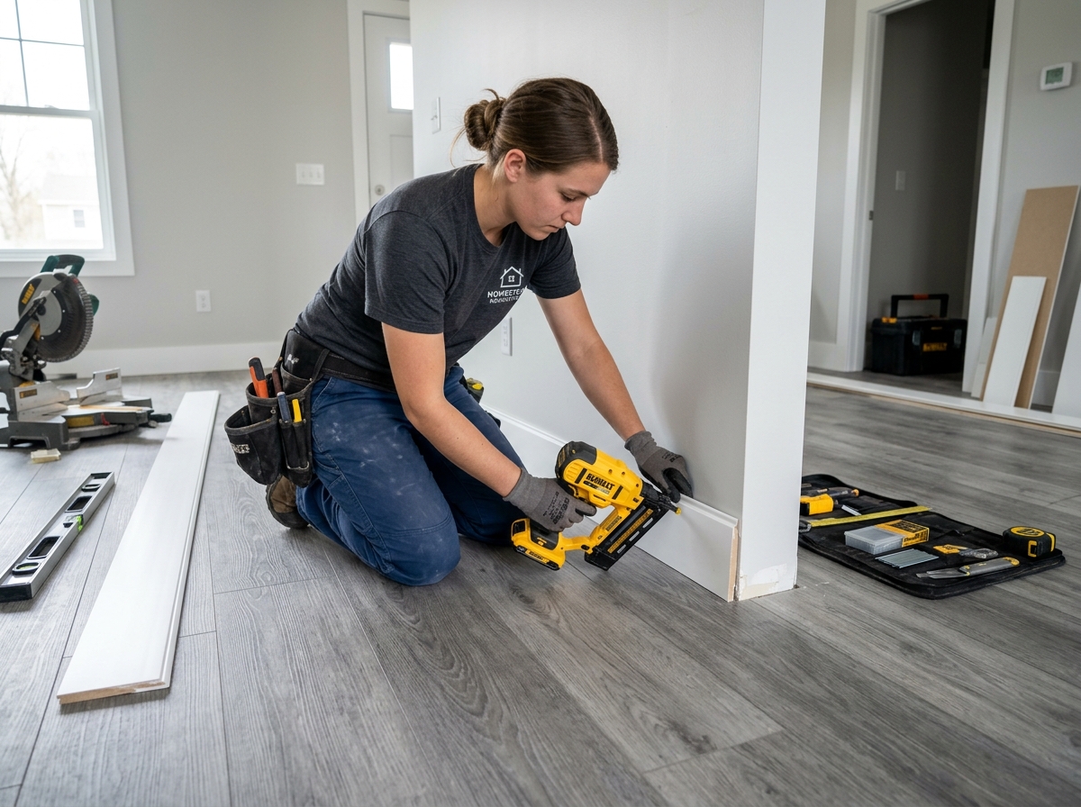 a worker installing a white vinyl baseboard along a grey vinyl plank floor - vinyl floor molding types a worker installing a white vinyl baseboard along a grey vinyl plank floor - vinyl floor molding types