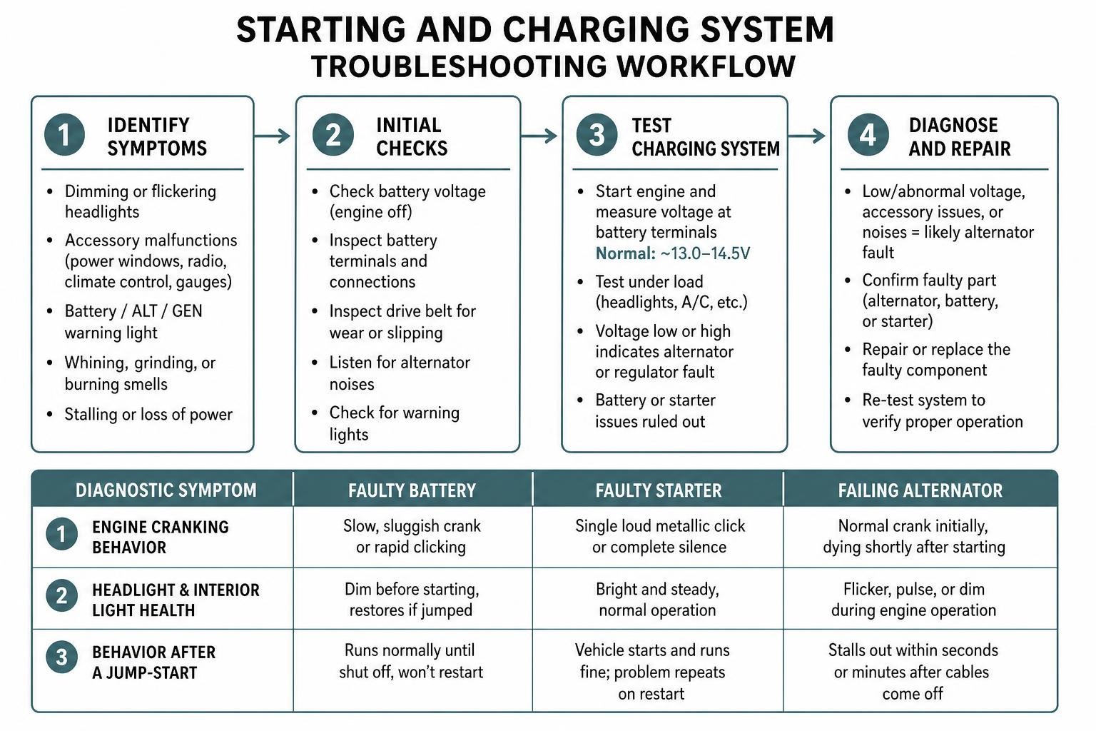 starting and charging system troubleshooting workflow