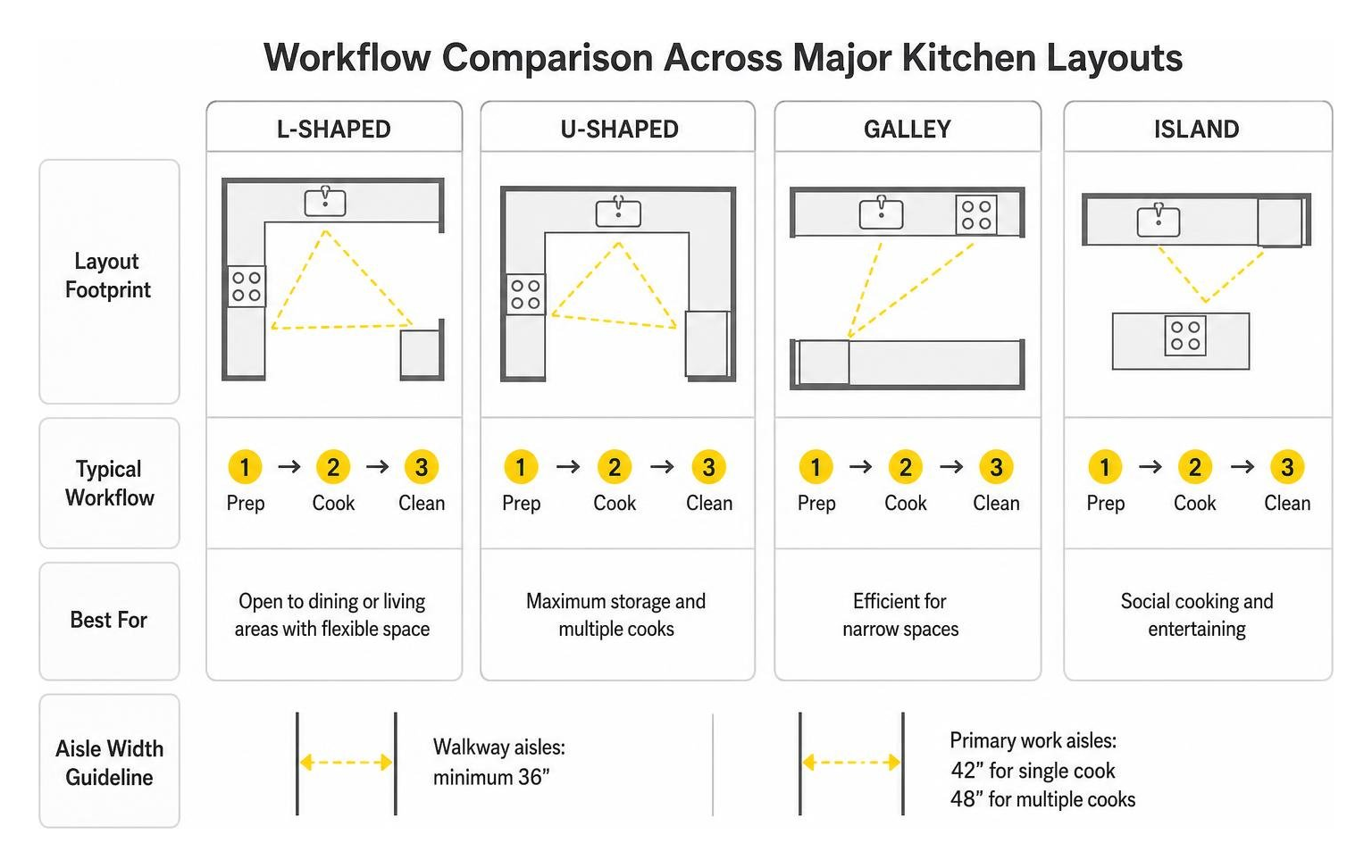 Workflow comparison across major kitchen layouts Workflow comparison across major kitchen layouts