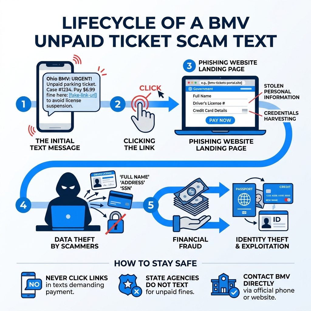 Lifecycle of a BMV unpaid ticket scam text from message to identity theft - bmv unpaid ticket scam text infographic Lifecycle of a BMV unpaid ticket scam text from message to identity theft - bmv unpaid ticket scam text infographic