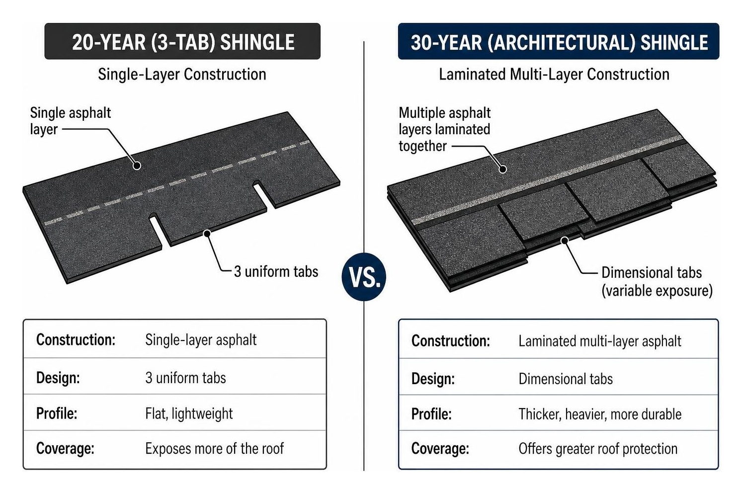 Diagram showing single-layer 3-tab construction versus laminated multi-layer architectural shingle construction