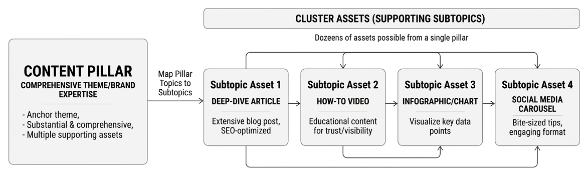 Content marketing cluster framework Content marketing cluster framework mapping pillar topics to supporting subtopic assets
