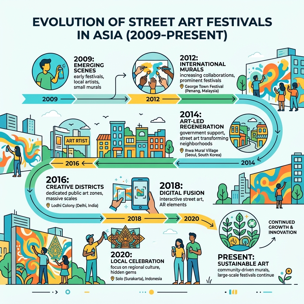 Evolution of street art festivals and key milestones across Asia from 2009 to present - street art solo Asia infographic 