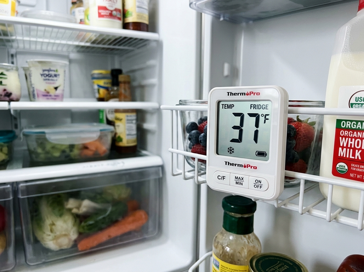 digital refrigerator thermometer showing 37 degrees Fahrenheit - is meal prep safe