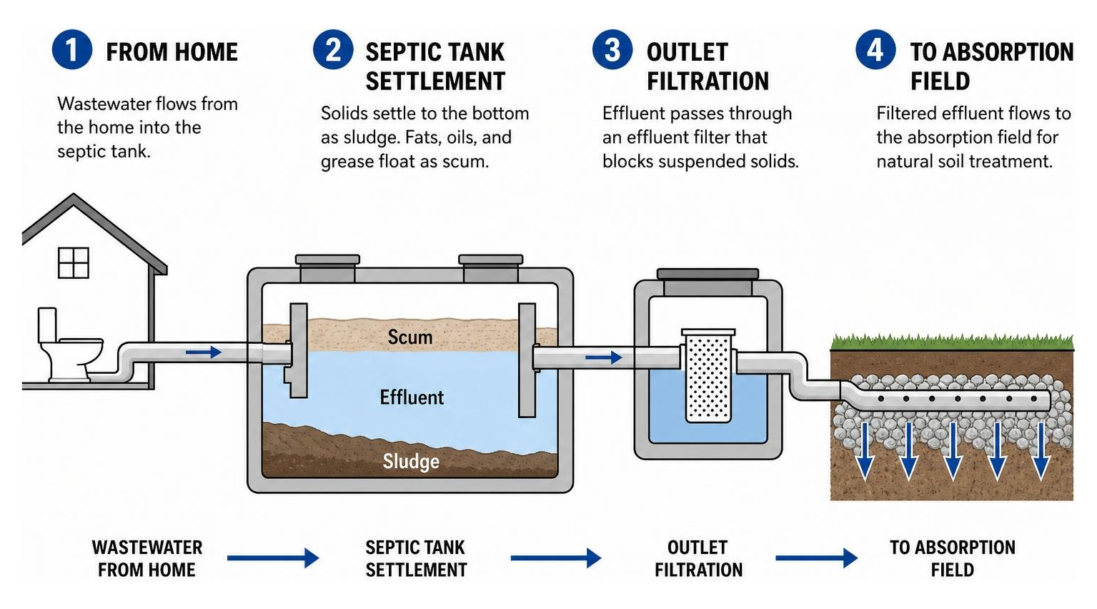 Diagram of residential wastewater flow through septic tank settlement and outlet filtration to the absorption field