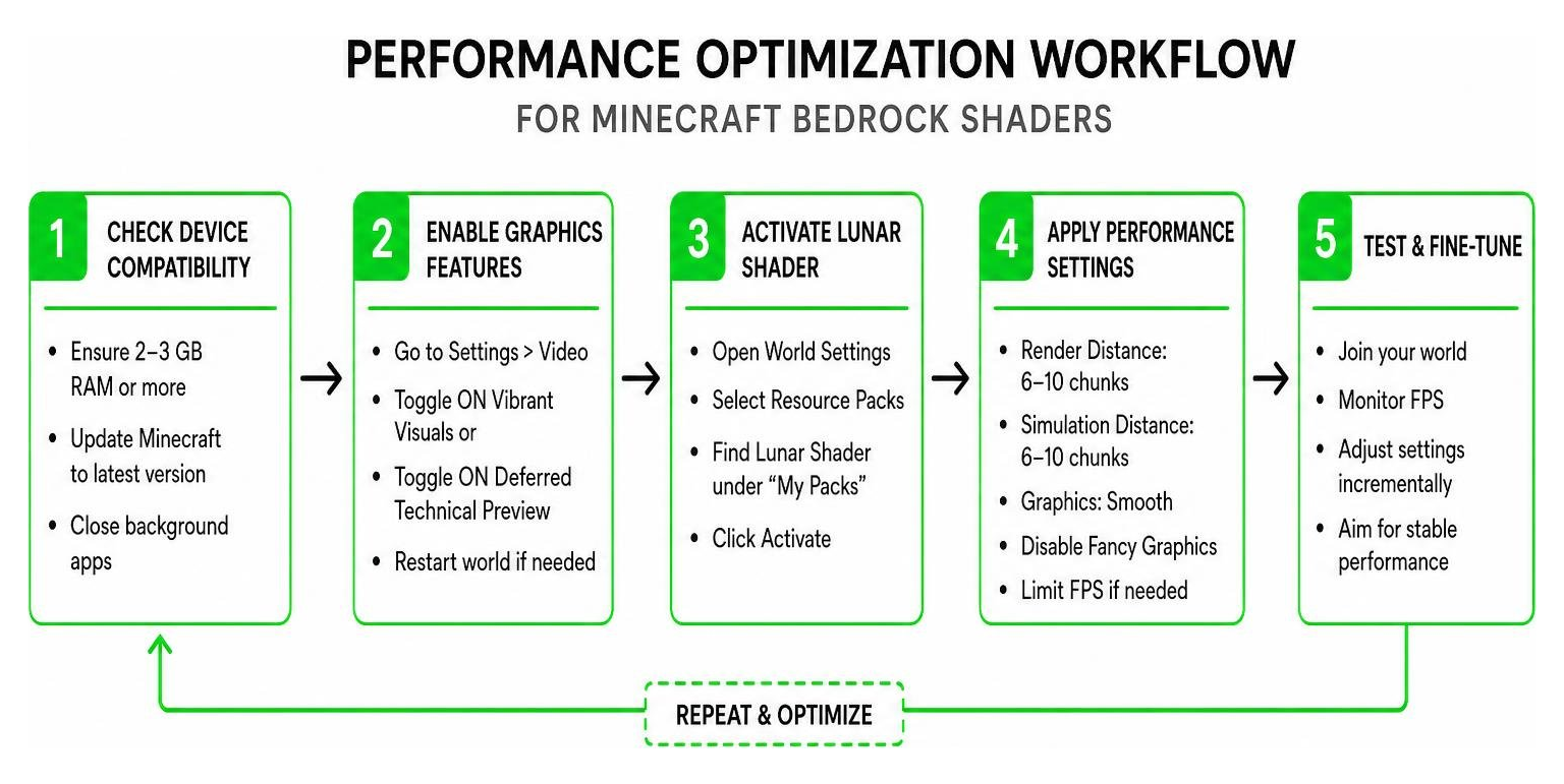 Performance optimization workflow diagram for Minecraft Bedrock shaders