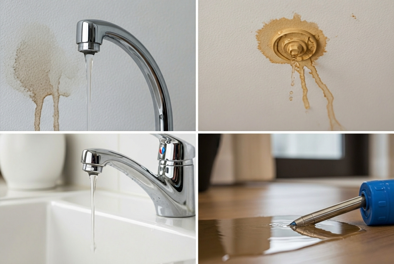 infographic showing common signs of plumbing problems including water stains on ceilings, dripping faucets, slow drains, low water pressure gauges, running toilet indicators, water pooling around fixtures, and unpleasant odors from drains, with simple icons and brief explanations for each warning sign - plumbing repairs lubbock tx