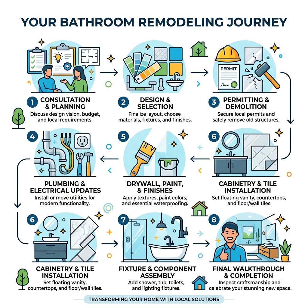 Bathroom remodeling process infographic showing steps from consultation to completion - bathroom remodel ideas near me