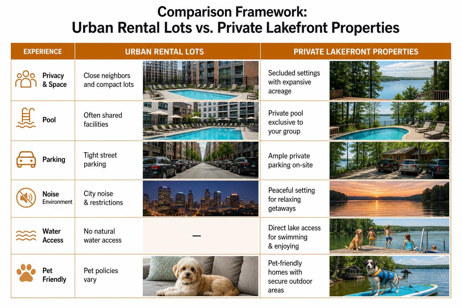 Comparison framework between urban rental lots and private lakefront properties