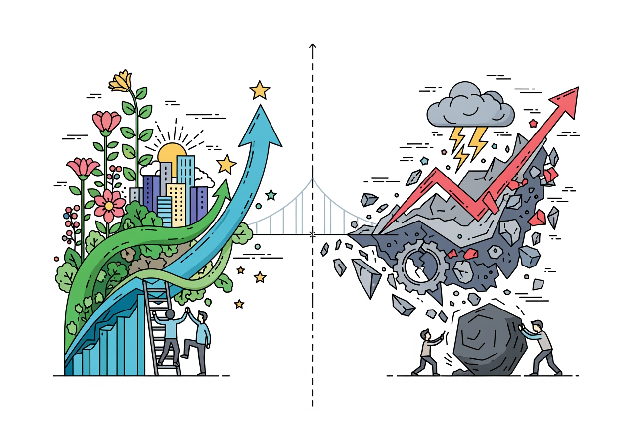 Chart showing pros and cons of pay-per-call marketing - pay per call companies Illustration contrasting positive and negative business growth, featuring growth symbols like plants and upward arrows on the left, and chaotic elements with downward trends and obstacles on the right, representing the dual nature of pay-per-call marketing.