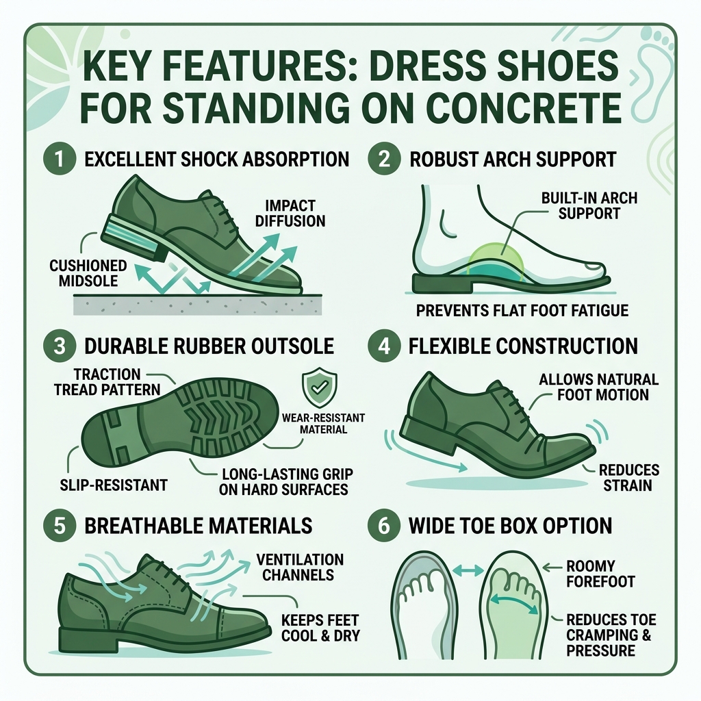 infographic showing key features of dress shoes for standing on concrete all day - best dress shoes for standing on concrete infographic showing key features of dress shoes for standing on concrete all day - best dress shoes for standing on concrete