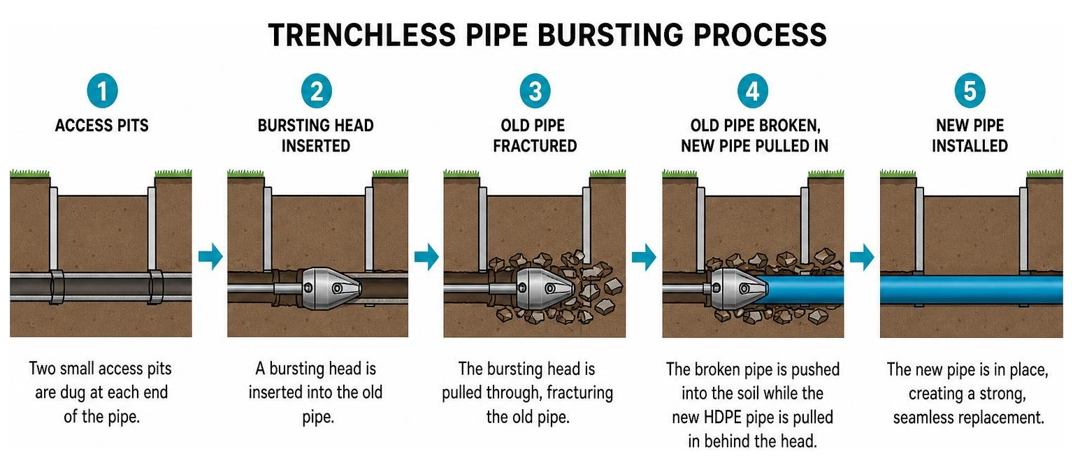 diagram of the trenchless pipe bursting process showing the old pipe breaking and new pipe entering