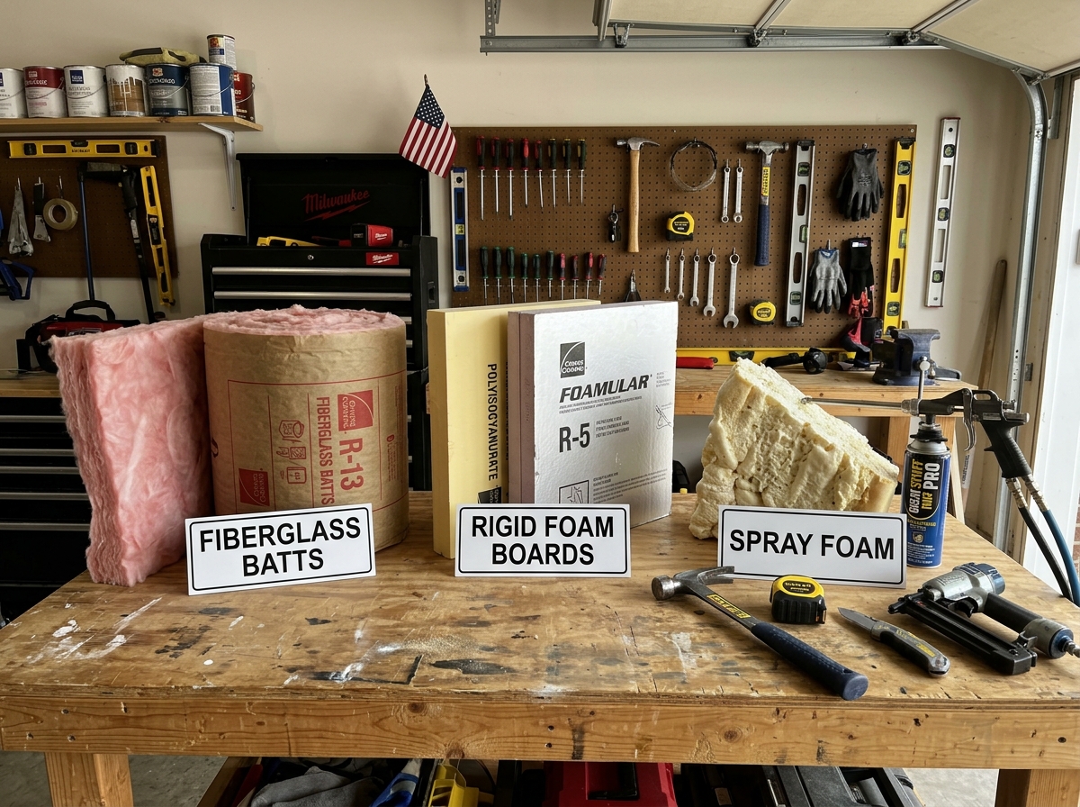 Comparison of fiberglass batts, rigid foam, and spray foam insulation - garage insulation diy