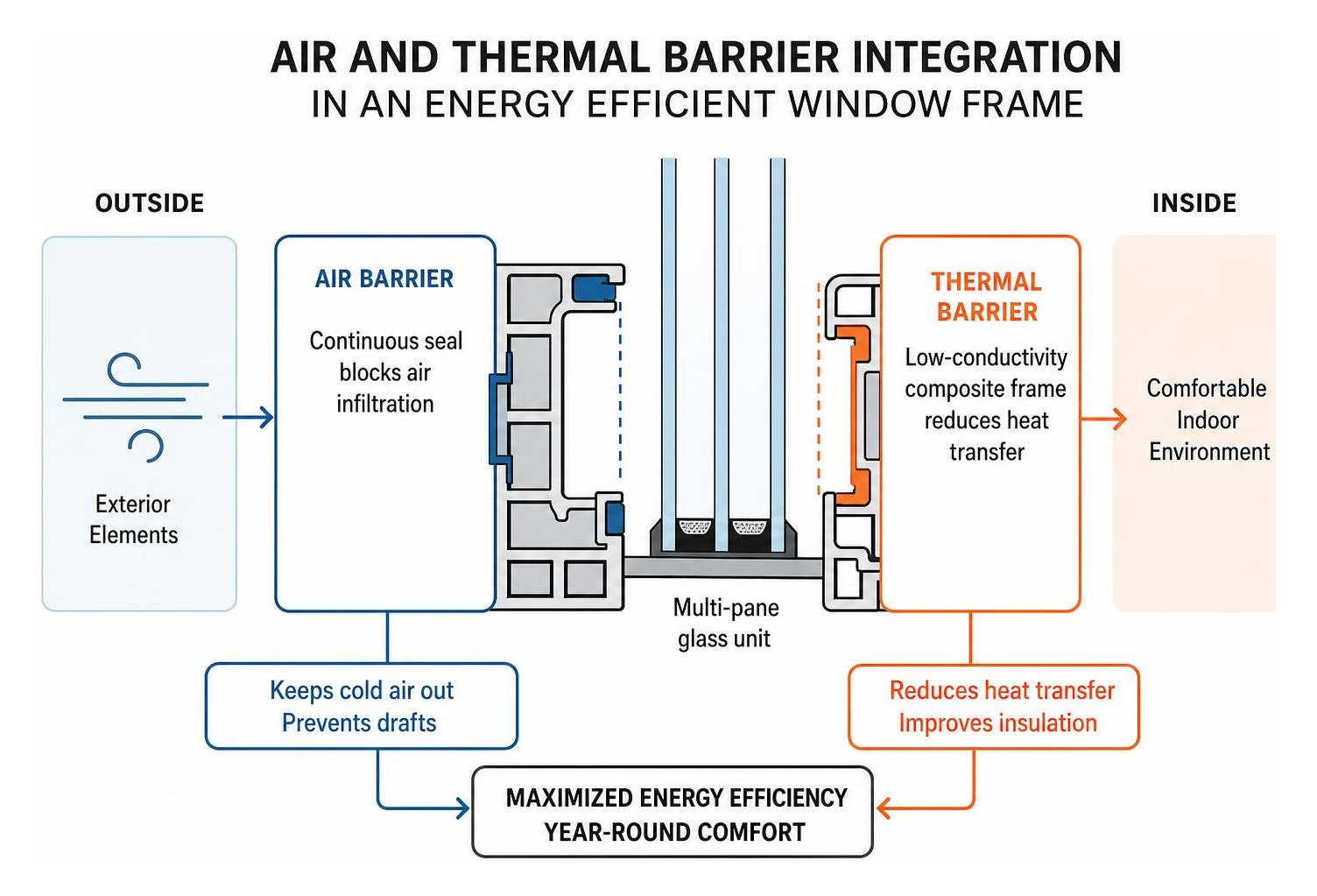 Air and thermal barrier integration in an energy efficient window frame