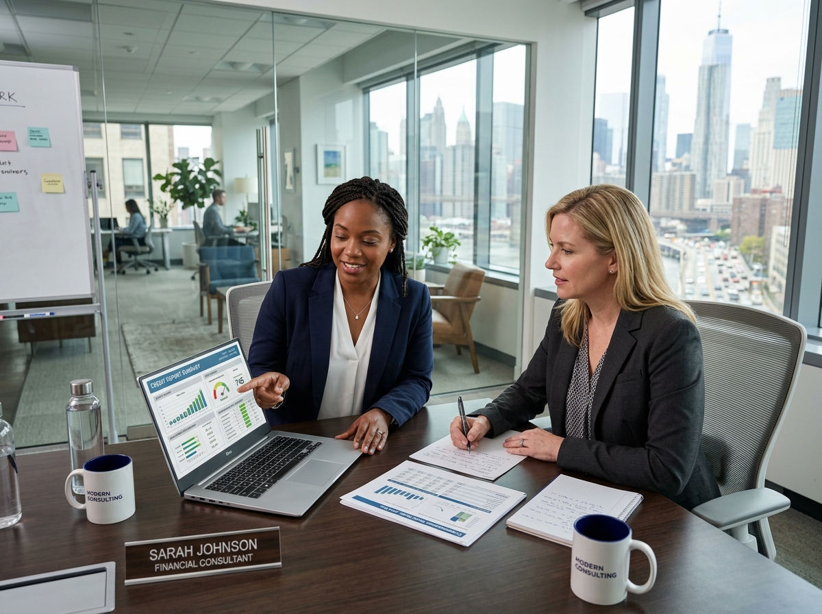 professional consultant meeting a client in an office setting to discuss credit reports - professional credit fixer near