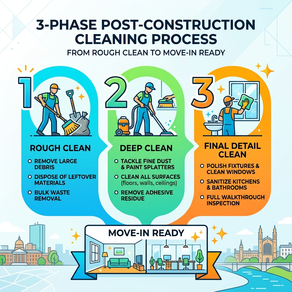 Infographic showing the 3-phase post-construction cleaning process from rough clean to move-in ready - post-construction
