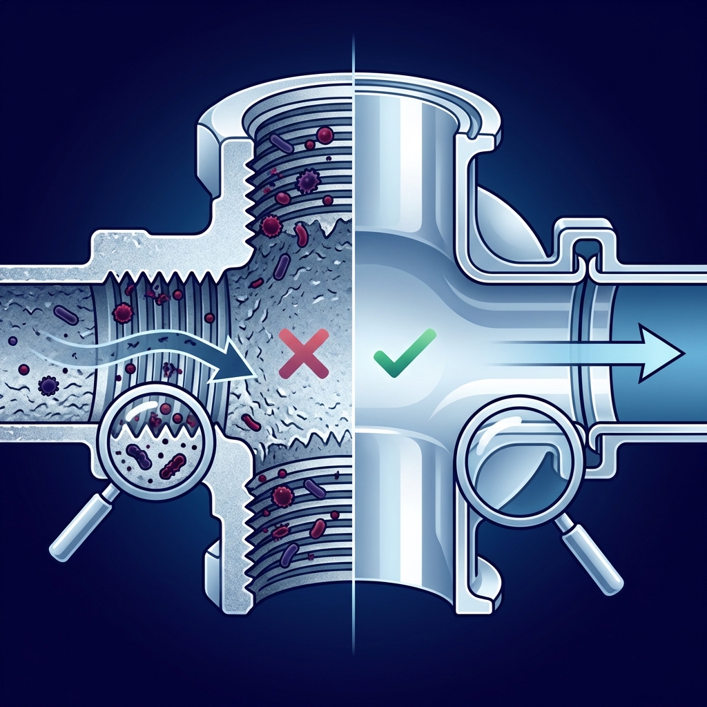 Infographic comparing standard industrial fitting with rough interior surface and visible threads to sanitary fitting with smooth electropolished interior, tri-clamp connection, and no crevices where bacteria could hide - sanitary fittings infographic 