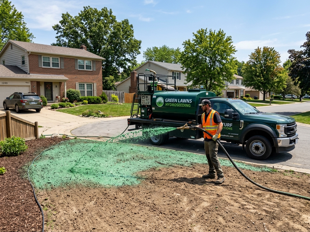 Hydroseeding equipment applying green slurry to a prepared yard - hydroseeding Woburn MA company Hydroseeding equipment applying green slurry to a prepared yard - hydroseeding Woburn MA company