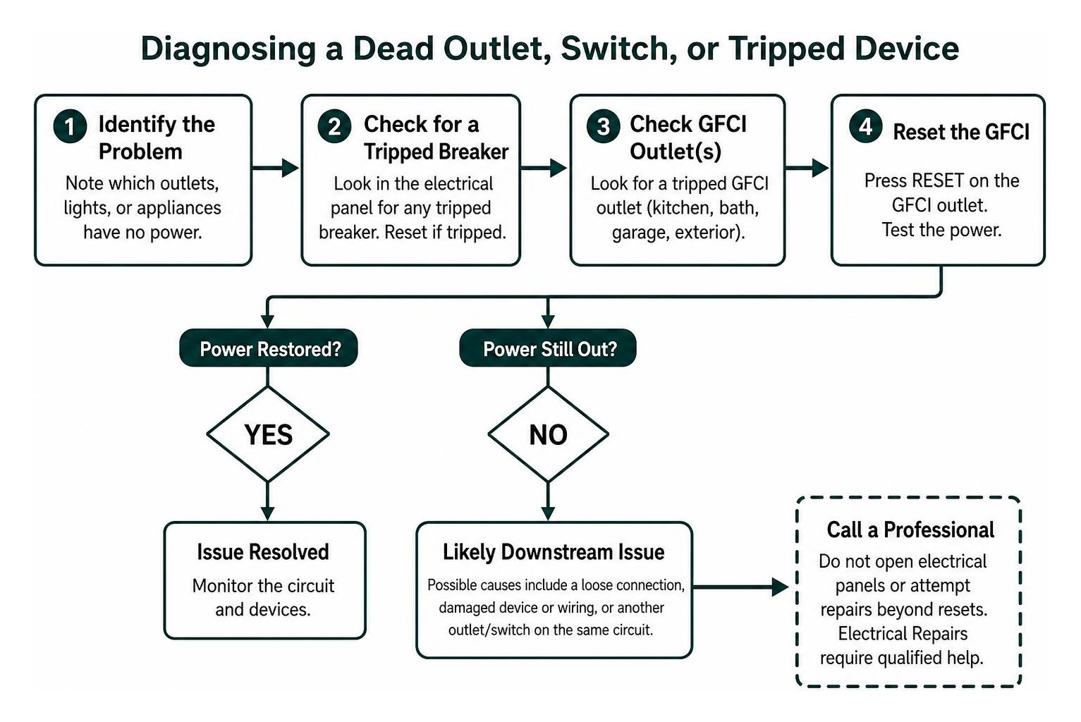 flowchart diagnosing dead outlet switch or tripped device