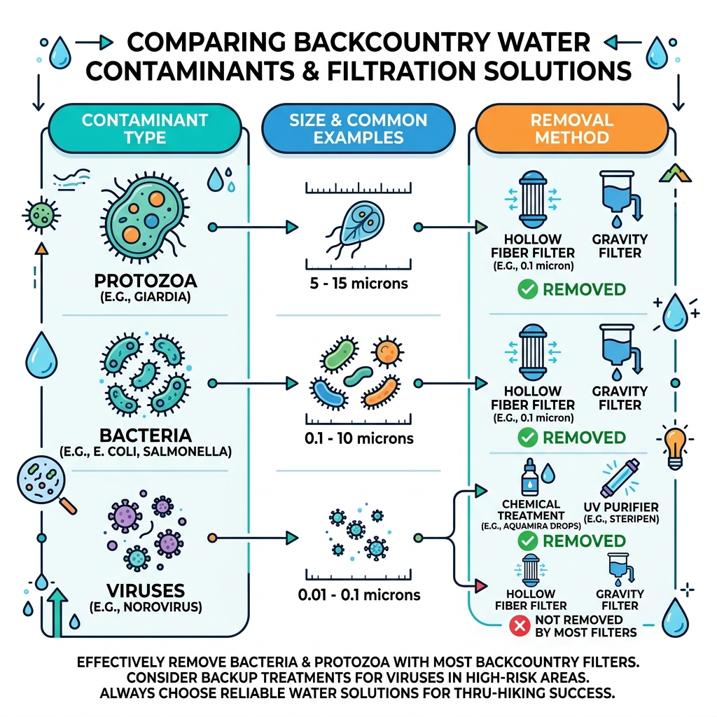 comparison infographic of backcountry water contaminants bacteria protozoa viruses and which filter methods remove each comparison infographic of backcountry water contaminants bacteria protozoa viruses and which filter methods remove each