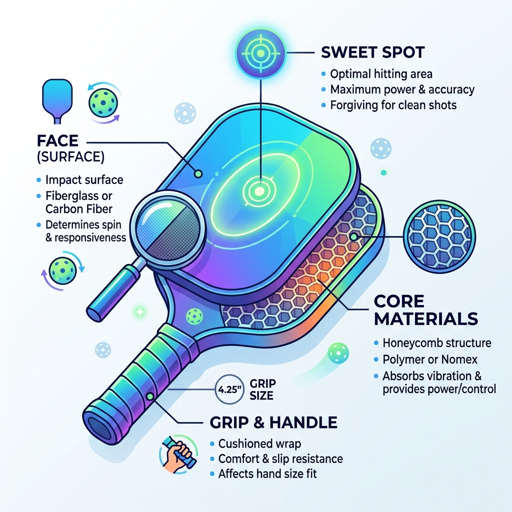 Pickleball paddle anatomy showing core materials, face, grip, and sweet spot - best pickleball paddles for beginners Pickleball paddle anatomy showing core materials, face, grip, and sweet spot - best pickleball paddles for beginners